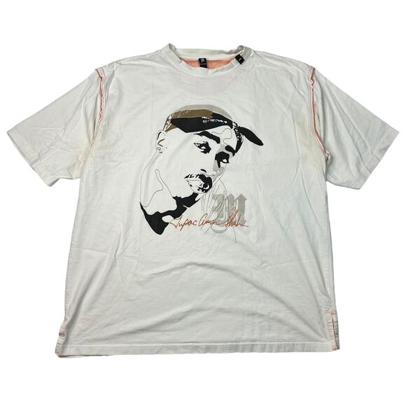 Makaveli Tupac VTG 90s Rap Large Face Graphic Tee T-Shirt White FLAW Adult XXL - Picture 1 of 8